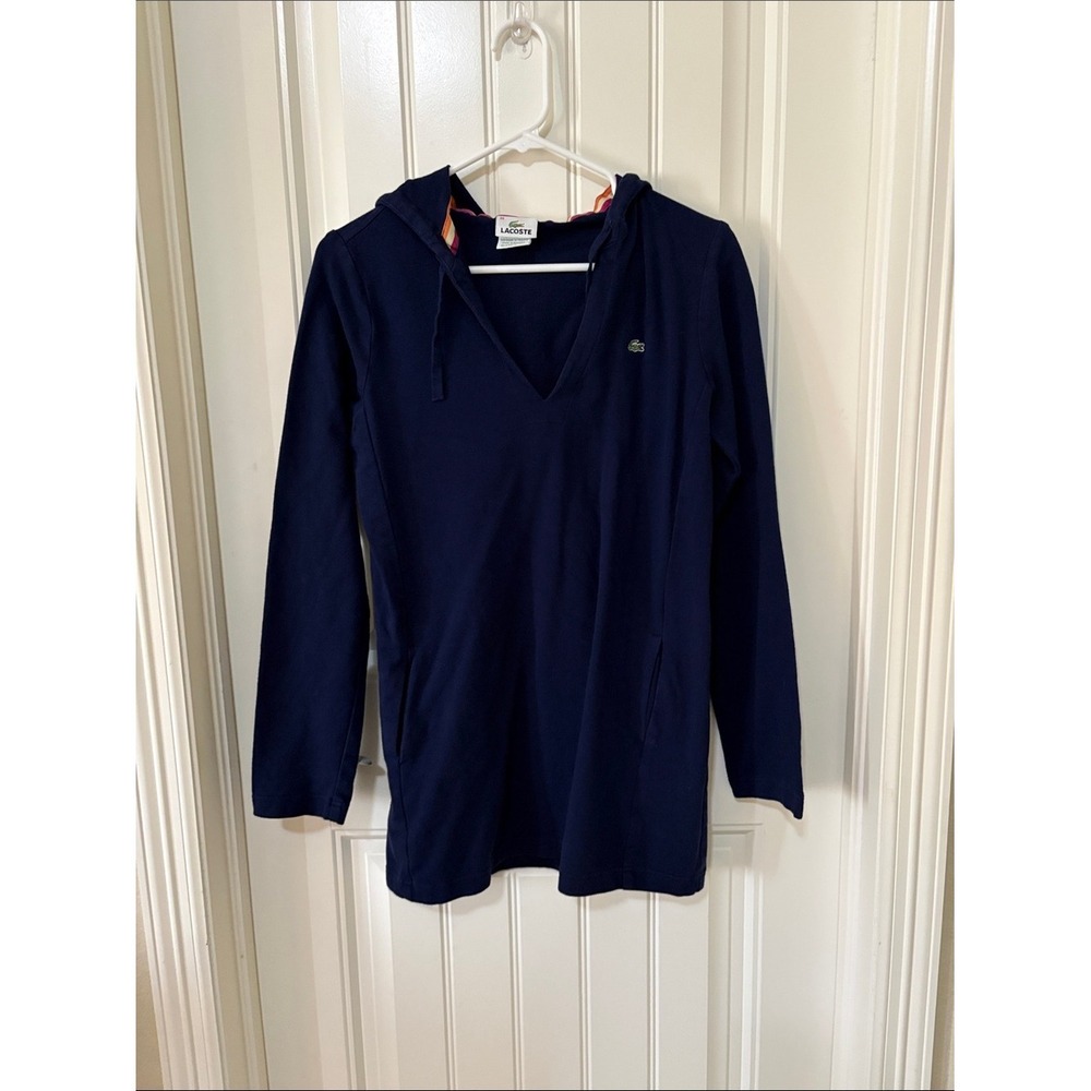 Lacoste Navy V-Neck Pullover‎ Hoodie with Croc Emblem